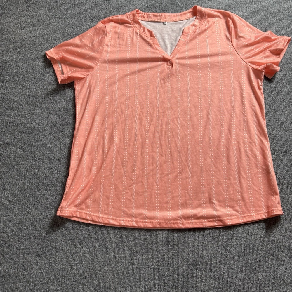 Womens‎ Coral Pink Notch Neck Short Sleeve Top Dotted Vertical Line Pattern 2X